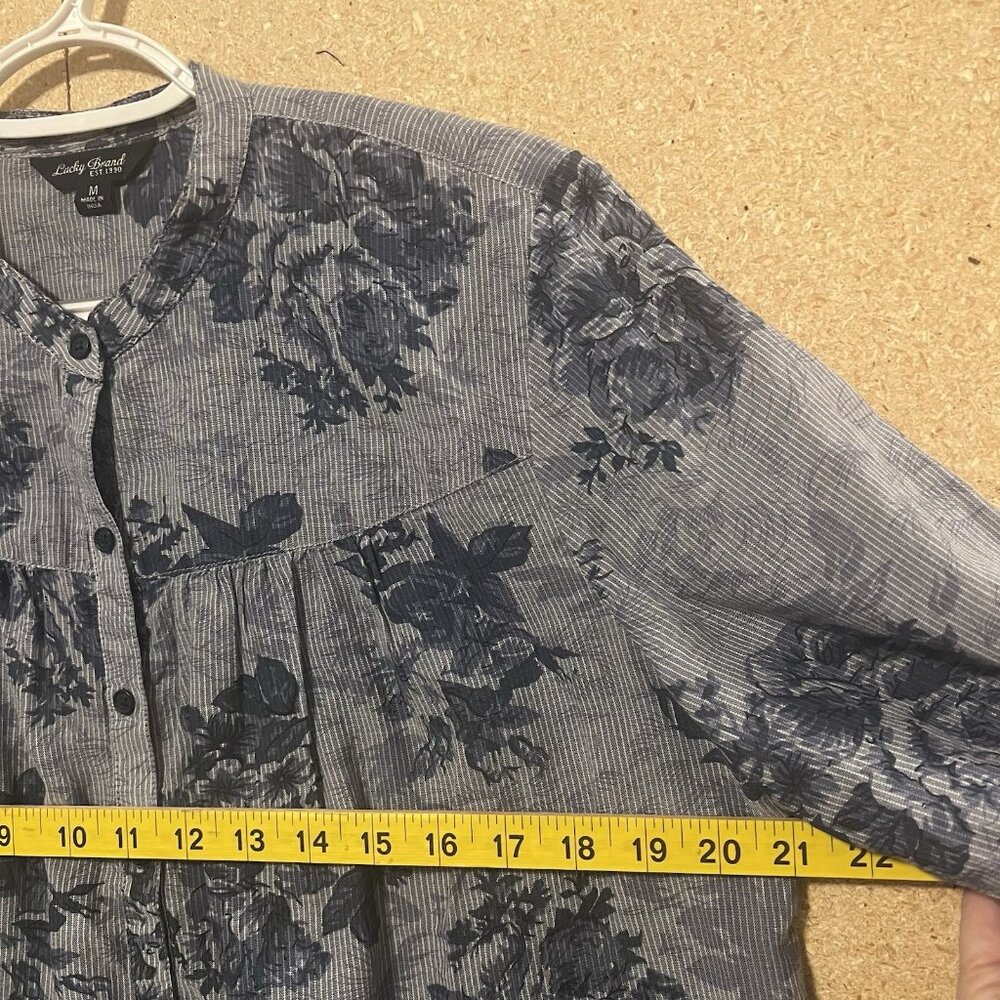 Lucky Brand Top Women’s Shirt Striped Floral Size Médium Blue Cotton Casual Boho - Picture 4 of 9